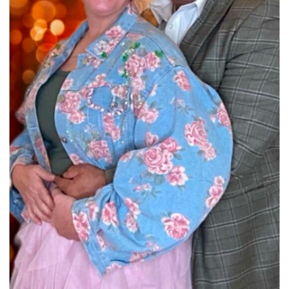 Women's Custom Bling embelished and floral denim oversized jacket XL - Picture 2 of 15